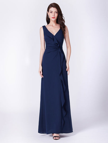 Chiffon Long Cascading Ruffles V Neck Floor Length Formal Prom Bridesmaid Dresses