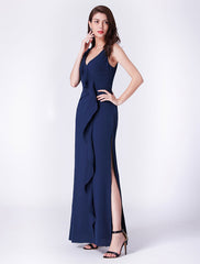 Chiffon Long Cascading Ruffles V Neck Floor Length Formal Prom Bridesmaid Dresses