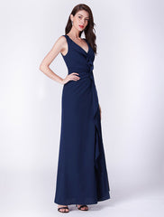 Chiffon Long Cascading Ruffles V Neck Floor Length Formal Prom Bridesmaid Dresses