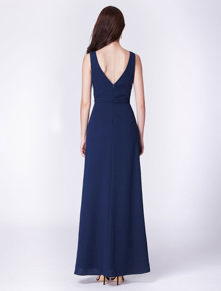 Chiffon Long Cascading Ruffles V Neck Floor Length Formal Prom Bridesmaid Dresses