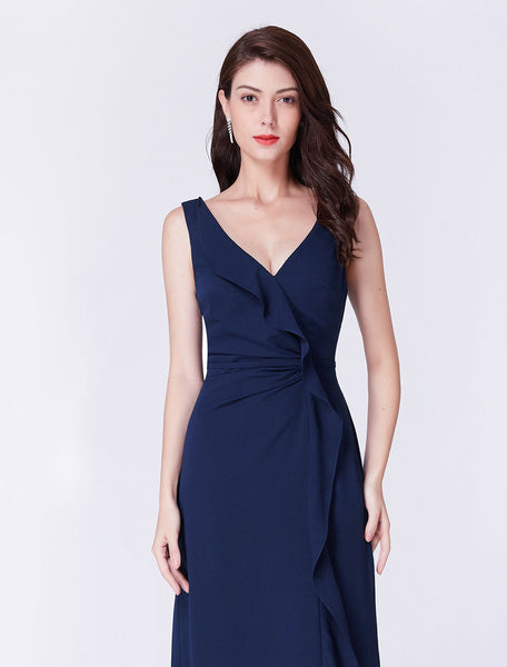 Chiffon Long Cascading Ruffles V Neck Floor Length Formal Prom Bridesmaid Dresses