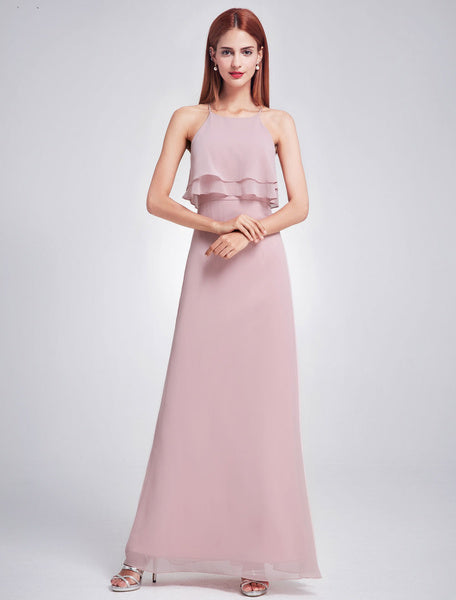 Chiffon Long Halter Sleeveless Layered Prom Dresses A Line Floor Length Party Bridesmaid Dress