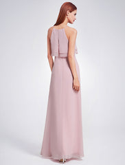 Chiffon Long Halter Sleeveless Layered Prom Dresses A Line Floor Length Party Bridesmaid Dress