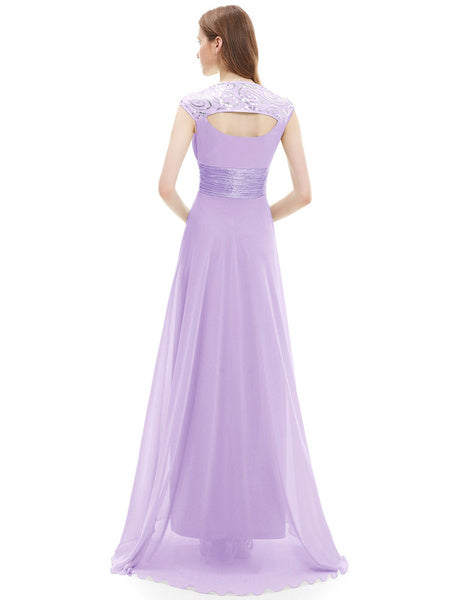 Chiffon Long Queen Anne Neckline Sequin Ruched Sleeveless Occasion With Train Prom Bridesmaid Dress