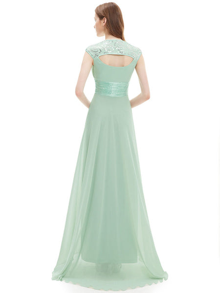 Chiffon Long Queen Anne Neckline Sequin Ruched Sleeveless Occasion With Train Prom Bridesmaid Dress