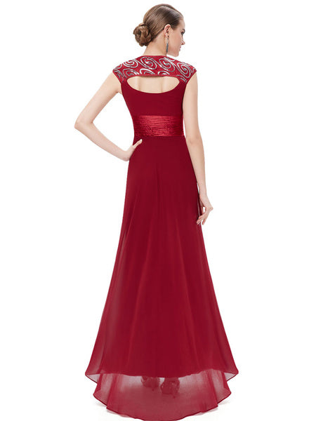 Chiffon Long Queen Anne Neckline Sequin Ruched Sleeveless Occasion With Train Prom Bridesmaid Dress