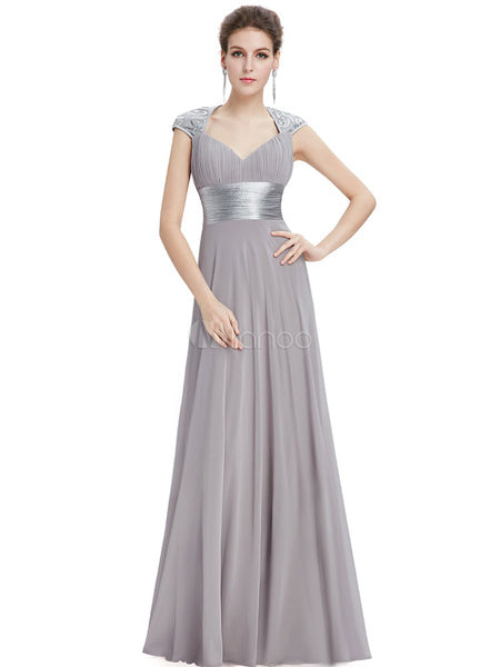 Chiffon Long Queen Anne Neckline Sequin Ruched Sleeveless Occasion With Train Prom Bridesmaid Dress