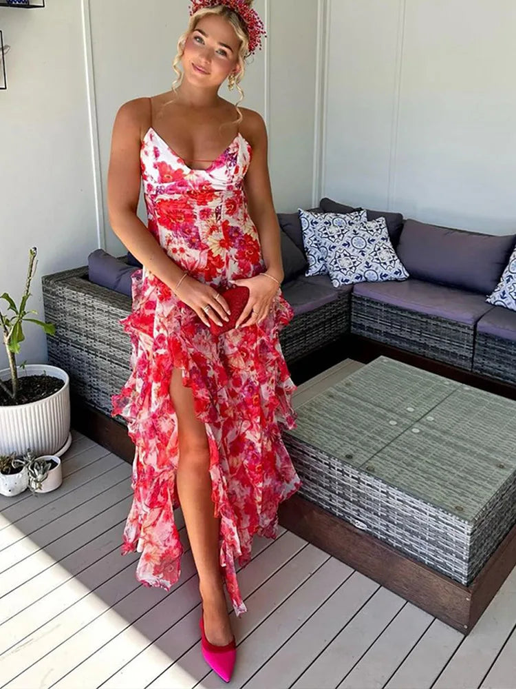 Chiffon Print Ruffles Strapless Sleeveless Backless Side Split Party Evening Dresses