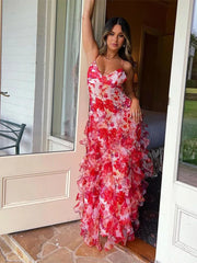 Chiffon Print Ruffles Strapless Sleeveless Backless Side Split Party Evening Dresses