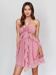 Chiffon Ruffle With Floral Accents And Halter Neckline Mini Dress