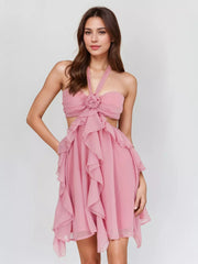 Chiffon Ruffle With Floral Accents And Halter Neckline Mini Dress
