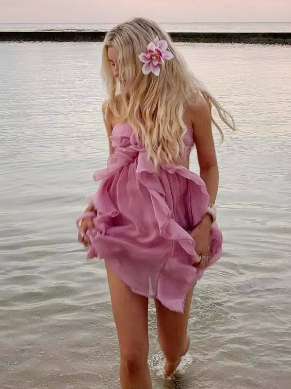Chiffon Ruffle With Floral Accents And Halter Neckline Mini Dress