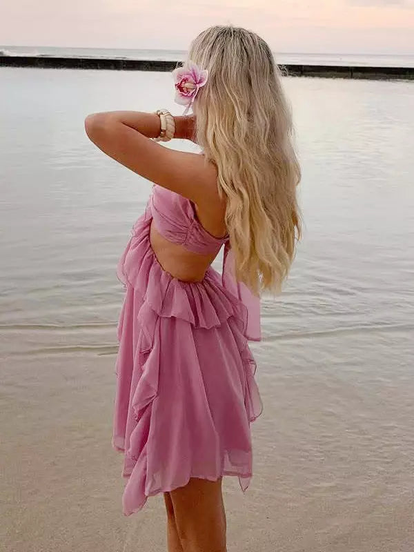 Chiffon Ruffle With Floral Accents And Halter Neckline Mini Dress