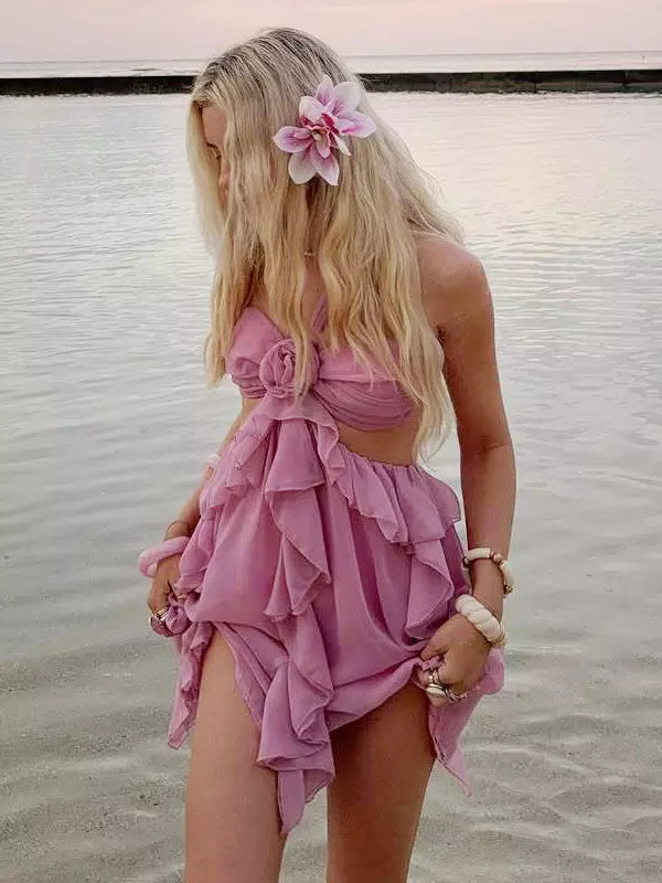 Chiffon Ruffle With Floral Accents And Halter Neckline Mini Dress
