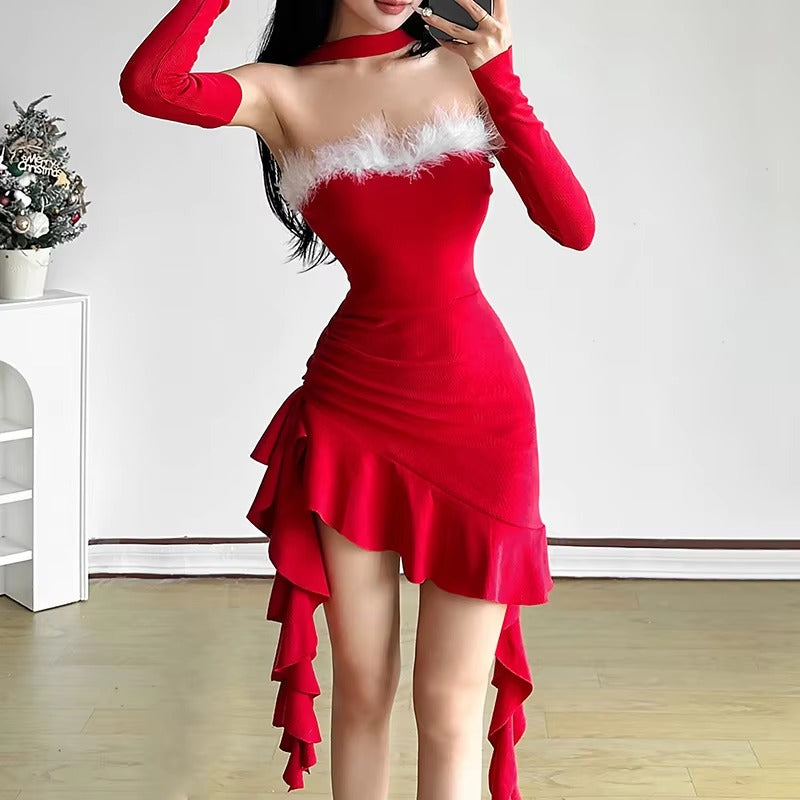 Christmas Design Collar Halter Cuff Slim-Fit Waist Waist Mini Dress