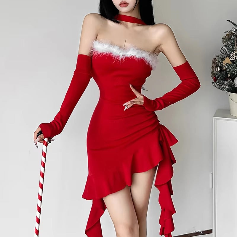 Christmas Design Collar Halter Cuff Slim-Fit Waist Waist Mini Dress