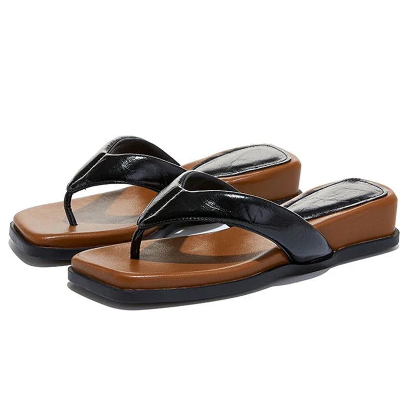 Chunky Wedge Sandals Luxury Leather Flats for Comfortable Flip-Flops Elegant Beach Sandals Slippers