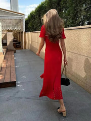 Cinched Hollowed Out V-Neck Bubble Sleeved Knitted Midi Dress