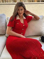 Cinched Hollowed Out V-Neck Bubble Sleeved Knitted Midi Dress