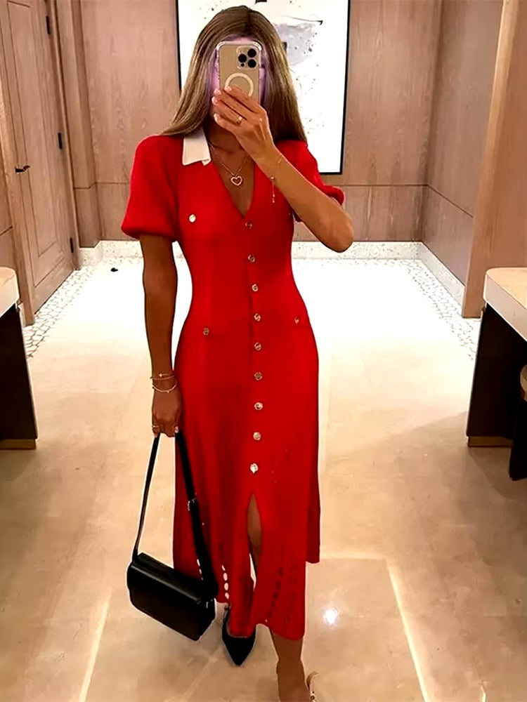 Cinched Hollowed Out V-Neck Bubble Sleeved Knitted Midi Dress