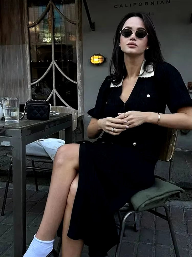 Cinched Hollowed Out V-Neck Bubble Sleeved Knitted Midi Dress
