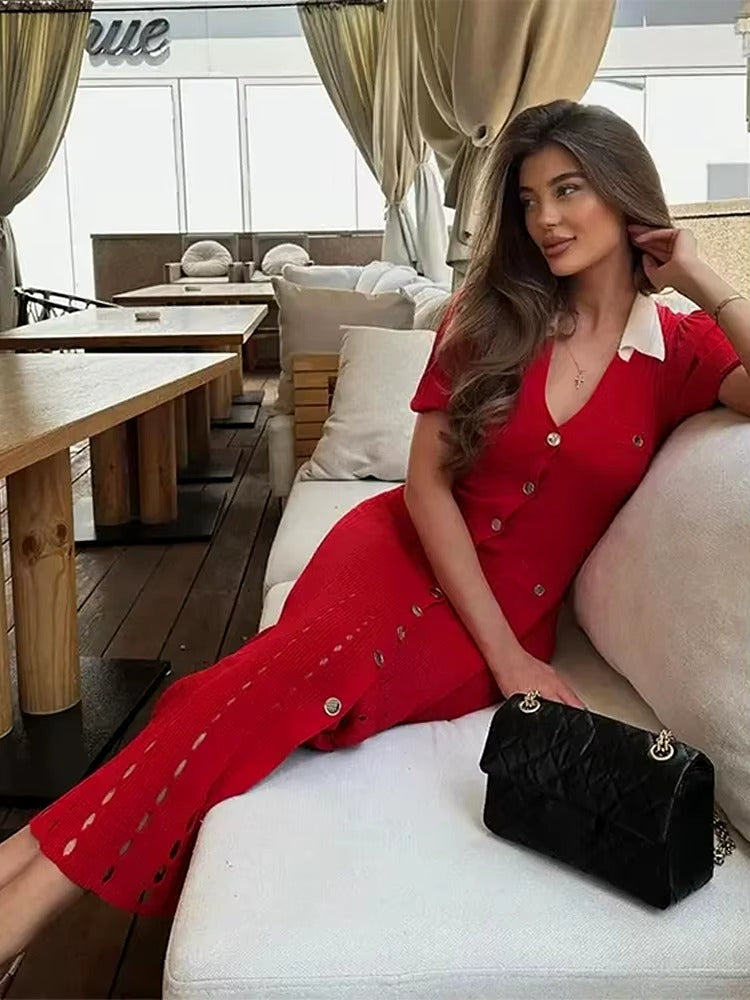 Cinched Hollowed Out V-Neck Bubble Sleeved Knitted Midi Dress