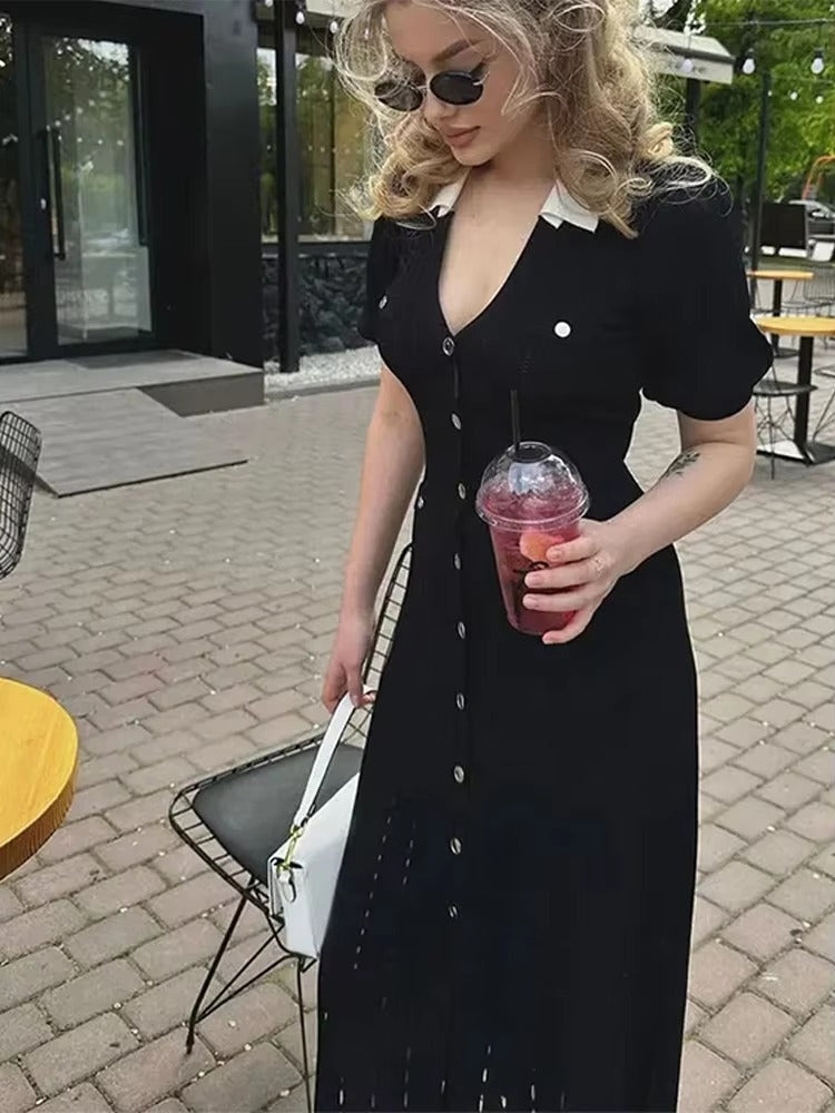 Cinched Hollowed Out V-Neck Bubble Sleeved Knitted Midi Dress