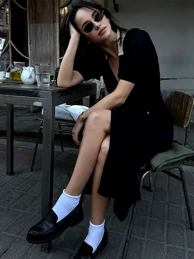 Cinched Hollowed Out V-Neck Bubble Sleeved Knitted Midi Dress