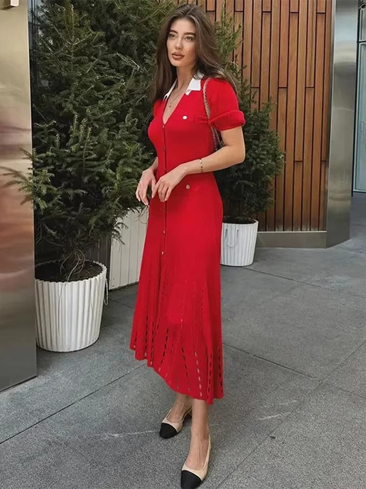 Cinched Hollowed Out V-Neck Bubble Sleeved Knitted Midi Dress