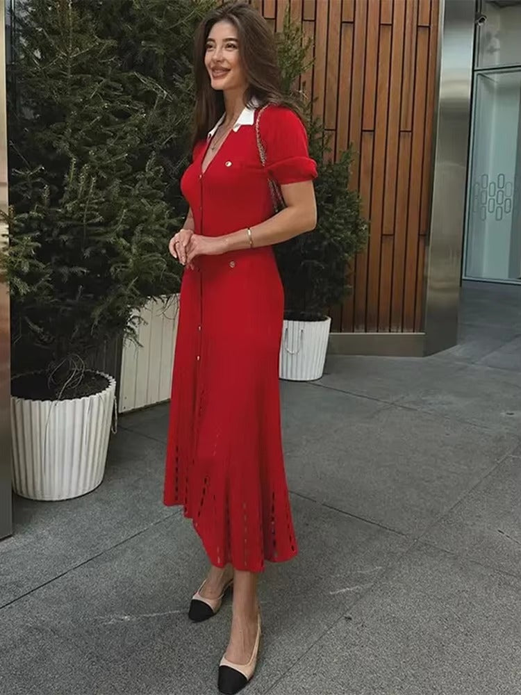 Cinched Hollowed Out V-Neck Bubble Sleeved Knitted Midi Dress