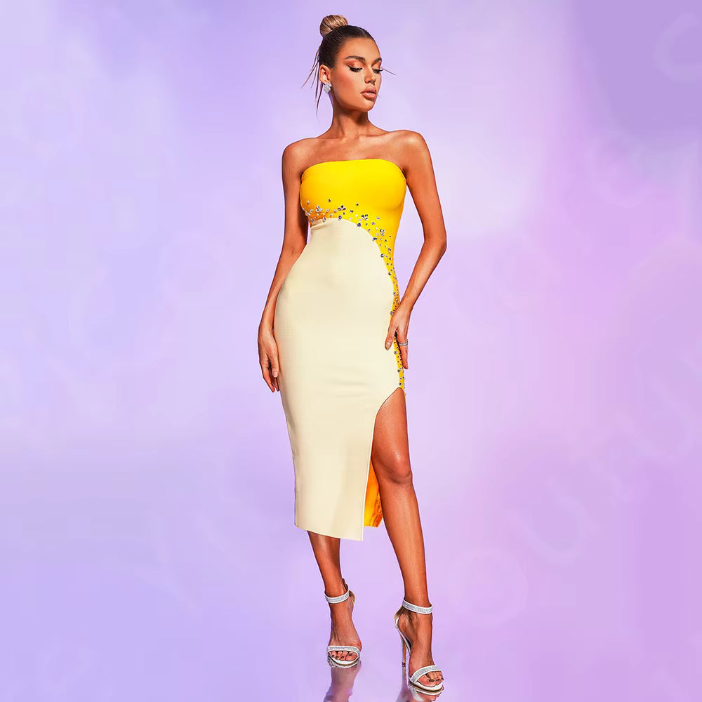 Classic Sleeveless Thigh Slit Beaded Homecoming Cocktail Party Midi Dresses
