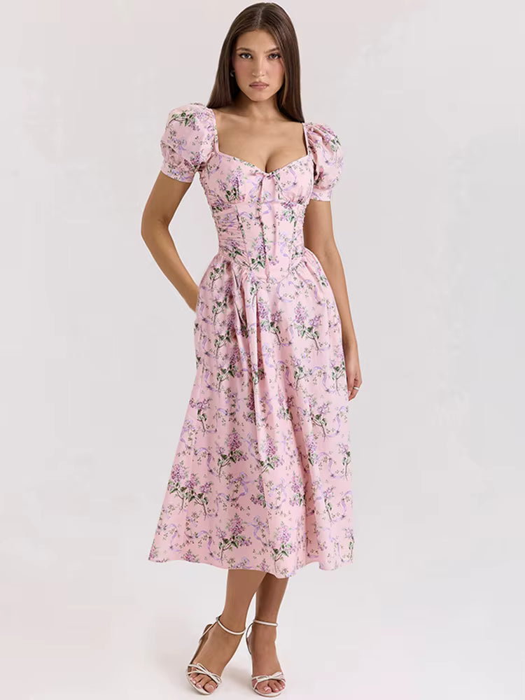 Classic Aesthetic Print  Puff Short Sleeve Square Neck A-line Draped Maxi Dress