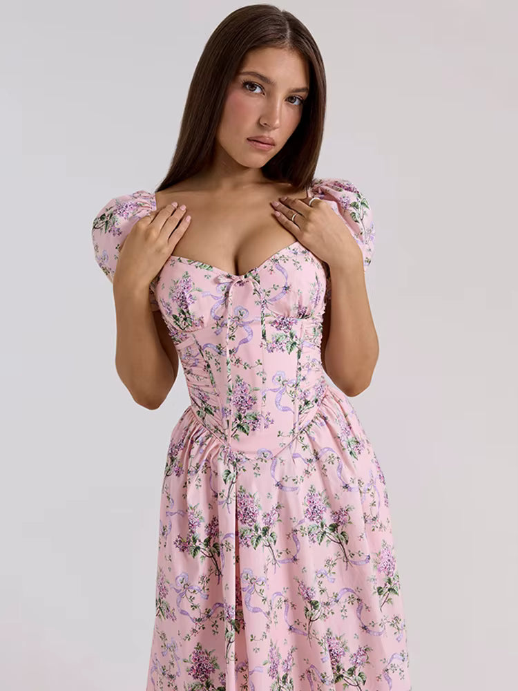 Classic Aesthetic Print  Puff Short Sleeve Square Neck A-line Draped Maxi Dress