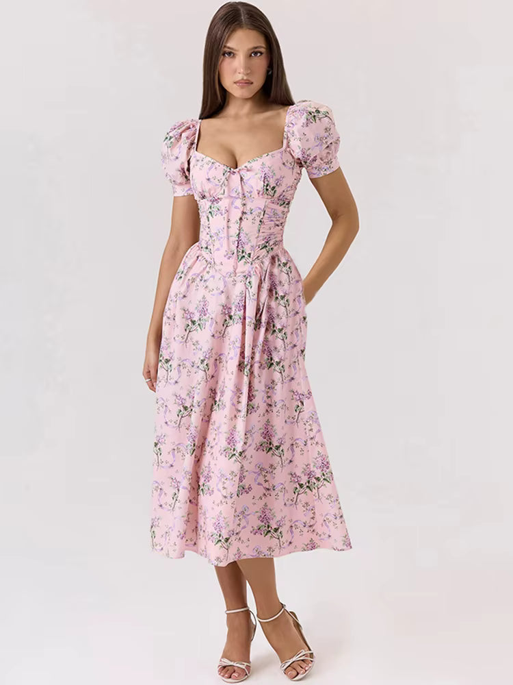 Classic Aesthetic Print  Puff Short Sleeve Square Neck A-line Draped Maxi Dress