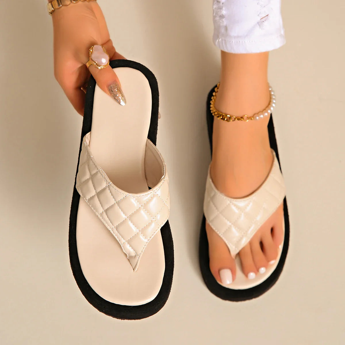 Classic Black/white Mixed Color Platform Flip Flops Thick Bottom Thong Slippers High Quality Leather Jandal Sandals Women