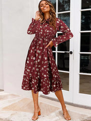 Classic Bows Floral Print Tie-Neck With Long Sleeve Midi Dress