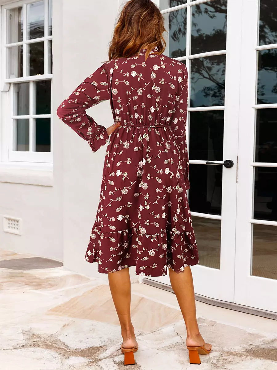 Classic Bows Floral Print Tie-Neck With Long Sleeve Midi Dress