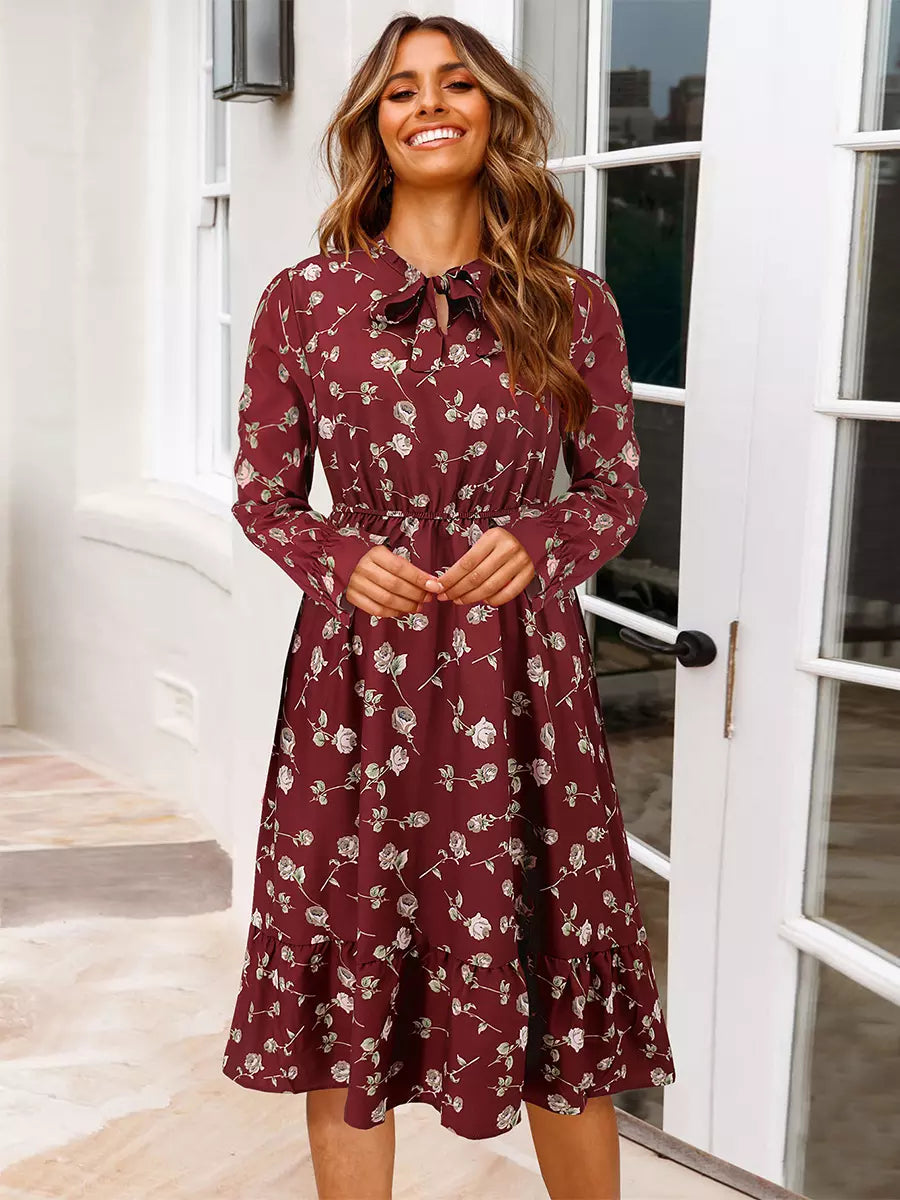 Classic Bows Floral Print Tie-Neck With Long Sleeve Midi Dress