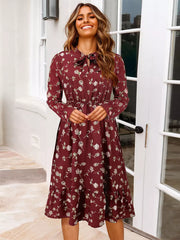 Classic Bows Floral Print Tie-Neck With Long Sleeve Midi Dress