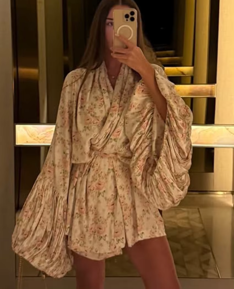 Classic Loose Print Casual V-Neck Long Sleeve Elegant Pleated Mini Dresses