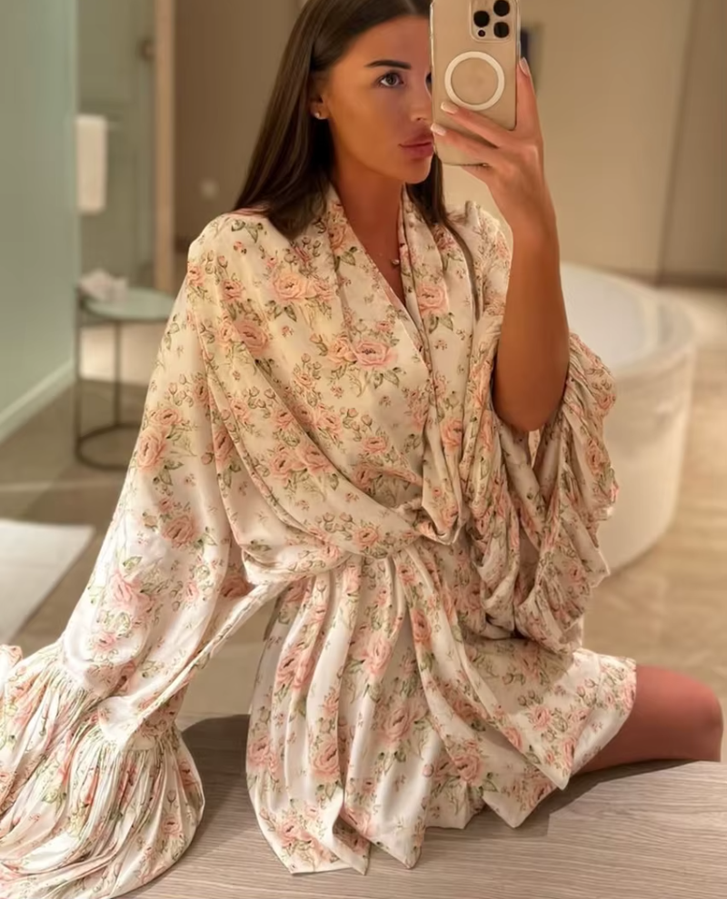 Classic Loose Print Casual V-Neck Long Sleeve Elegant Pleated Mini Dresses