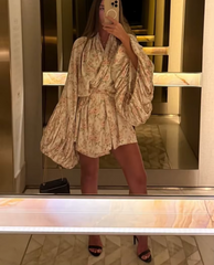 Classic Loose Print Casual V-Neck Long Sleeve Elegant Pleated Mini Dresses