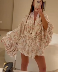 Classic Loose Print Casual V-Neck Long Sleeve Elegant Pleated Mini Dresses