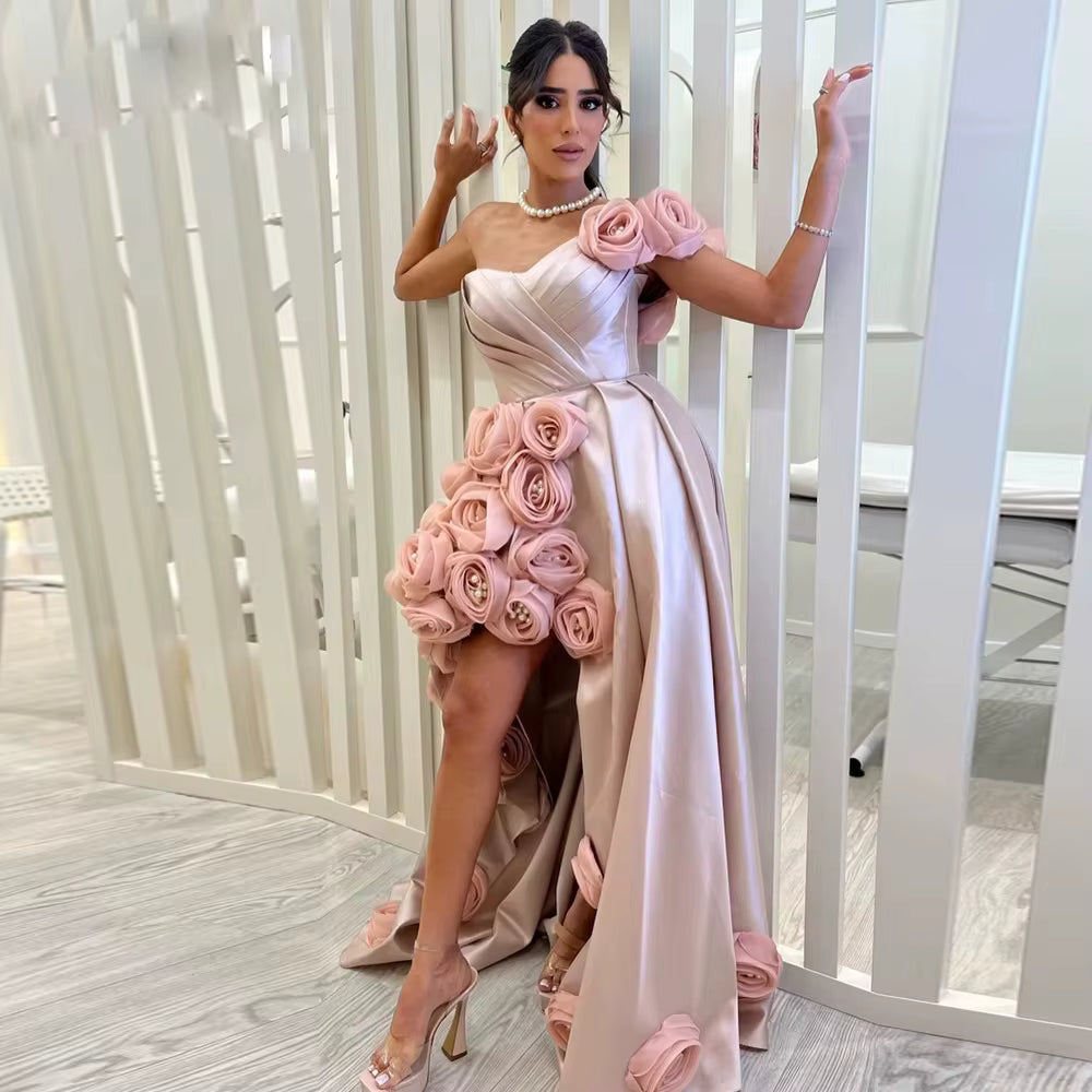 Classic Flowers One Shoulder Lace Up Back Formal Evening Gowns