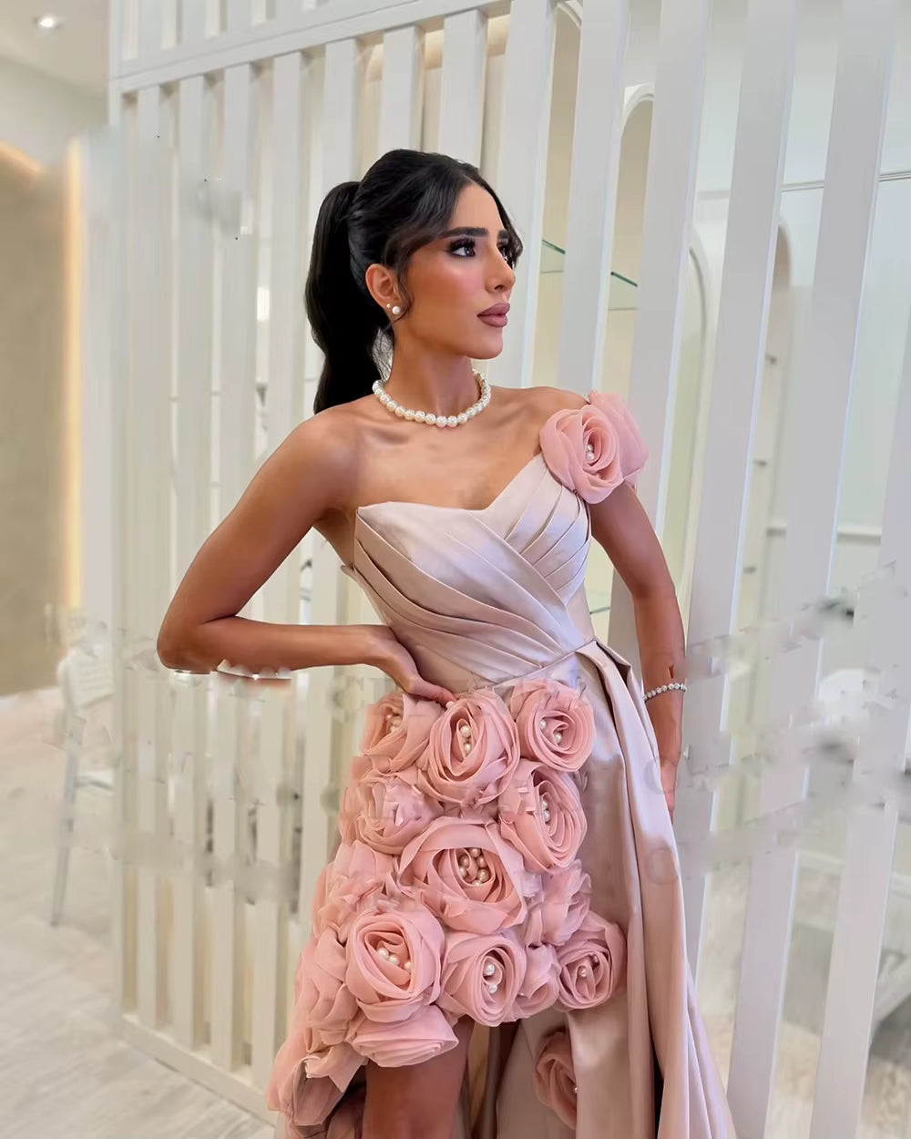 Classic Flowers One Shoulder Lace Up Back Formal Evening Gowns