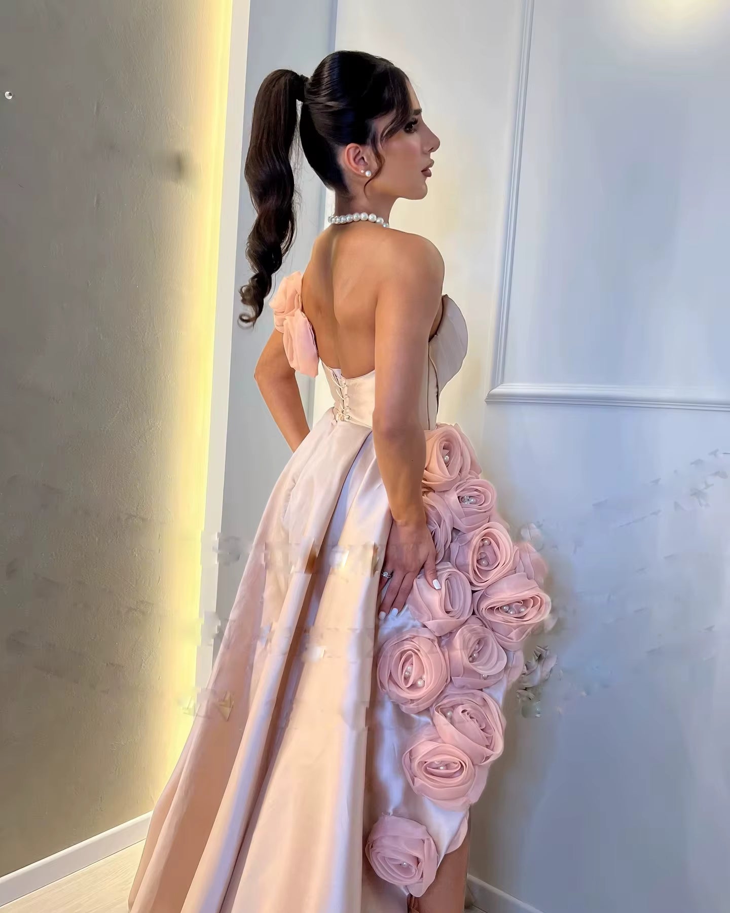 Classic Flowers One Shoulder Lace Up Back Formal Evening Gowns