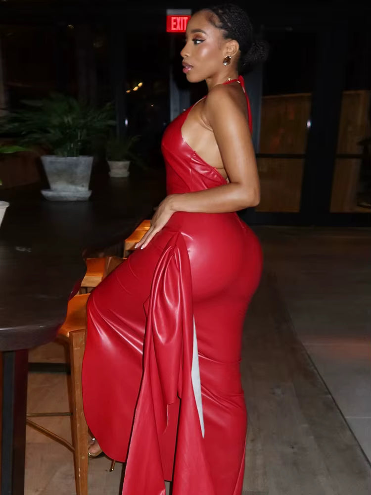 Classic Halter Backless Low Neck Split Long Robe Pu Leather Irregular Midi Dress