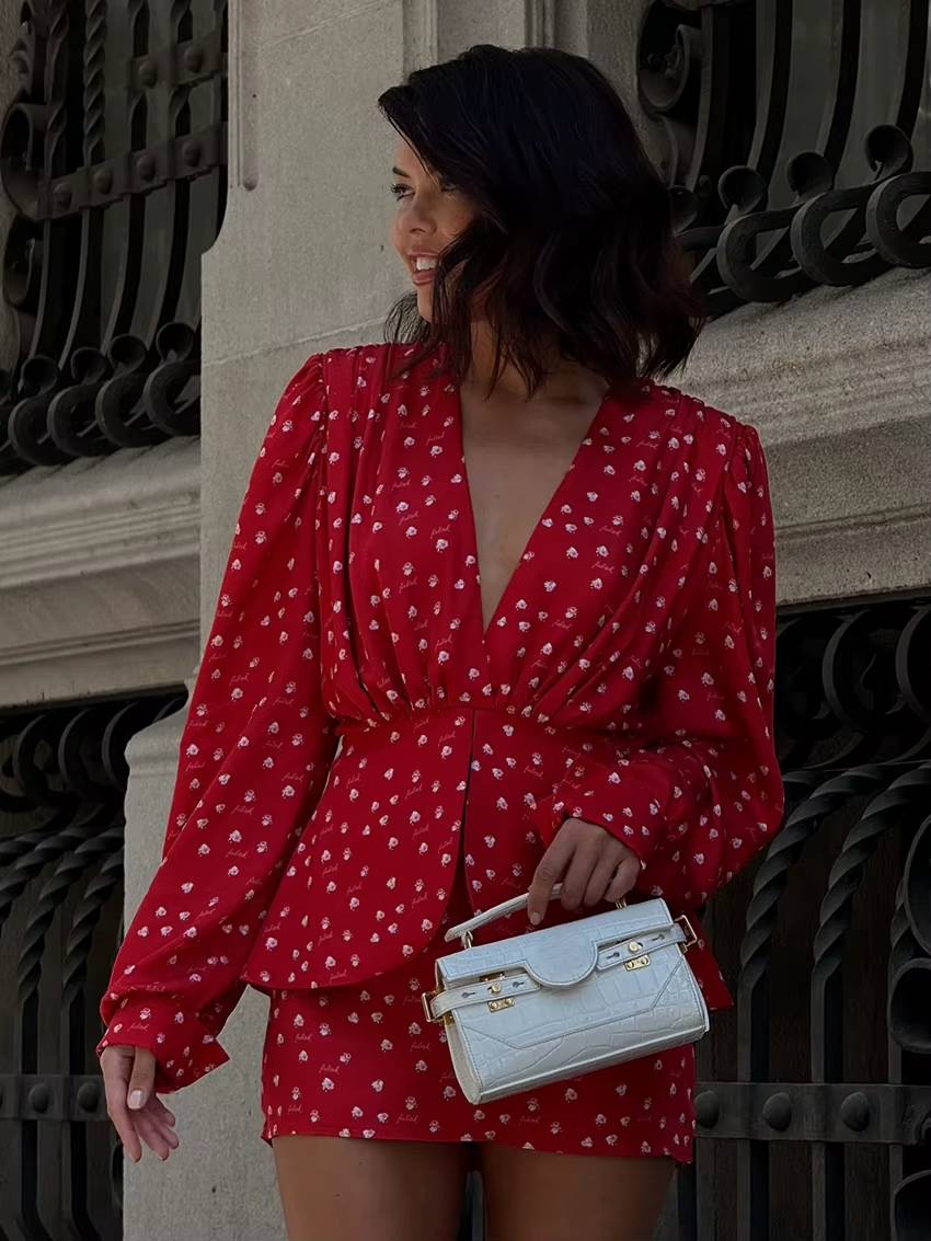 Classic High Waist Deep V-Neck Long Sleeve Slim Print Mini Dress