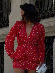 Classic High Waist Deep V-Neck Long Sleeve Slim Print Mini Dress