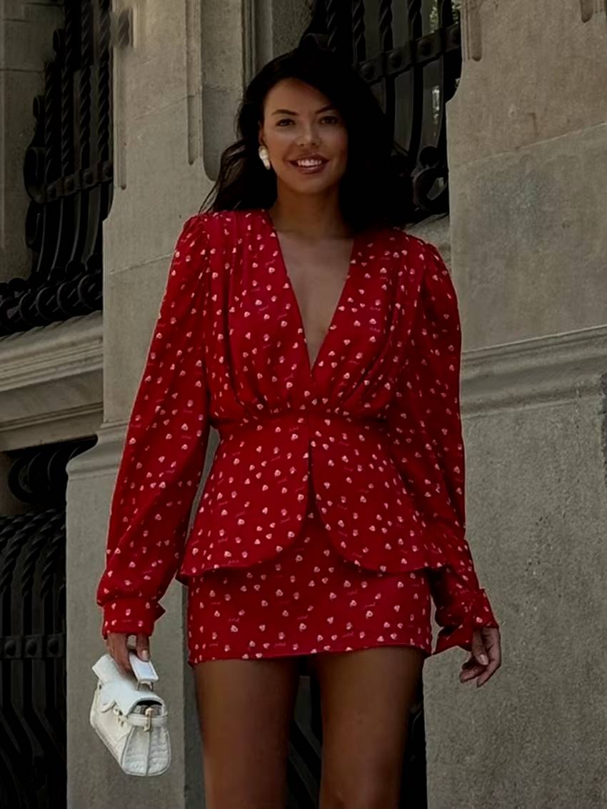 Classic High Waist Deep V-Neck Long Sleeve Slim Print Mini Dress